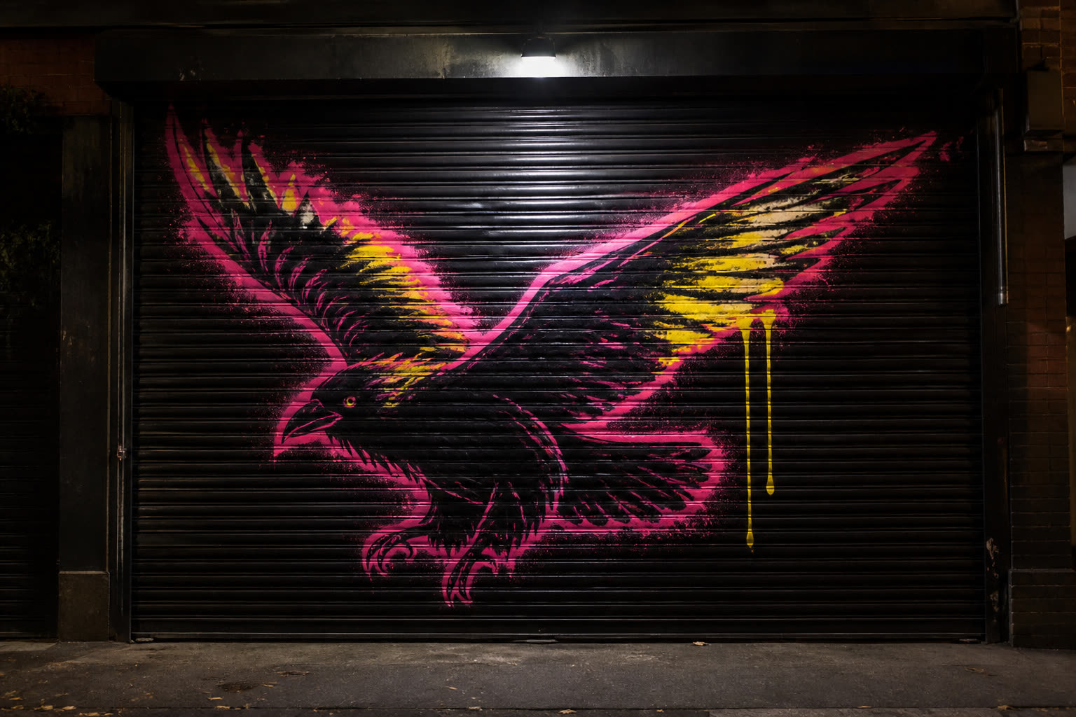 Night Can mural: a magenta and acid rook bird in flight on a black shop roll-up door