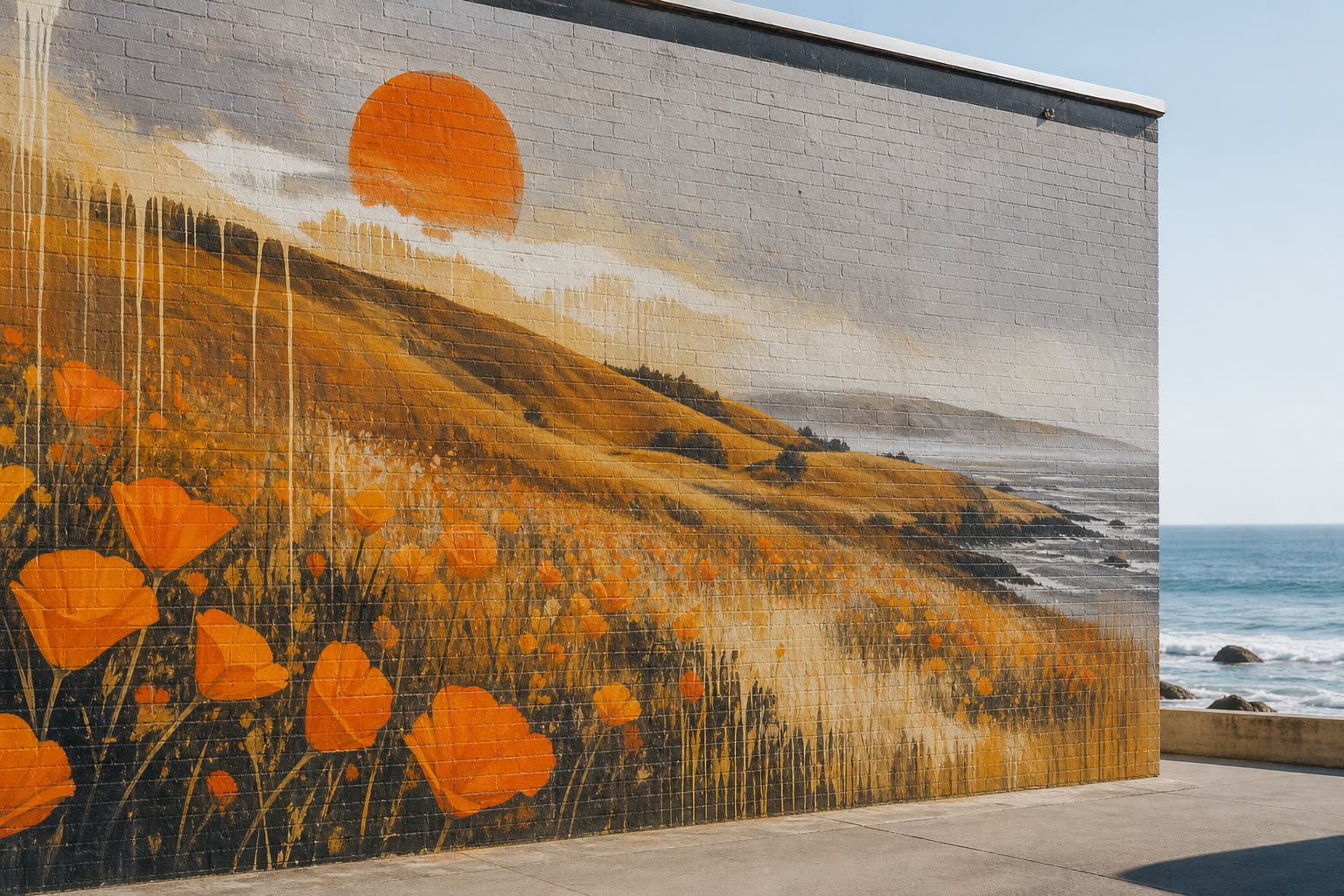 Ochre Field mural: coastal hills and California poppies spray-painted on brick