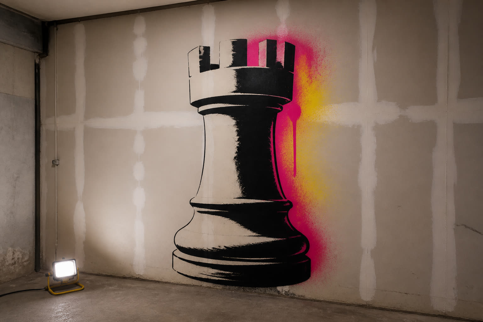 Stencil Break mural: a giant stenciled chess rook with magenta and acid overspray on a workshop wall