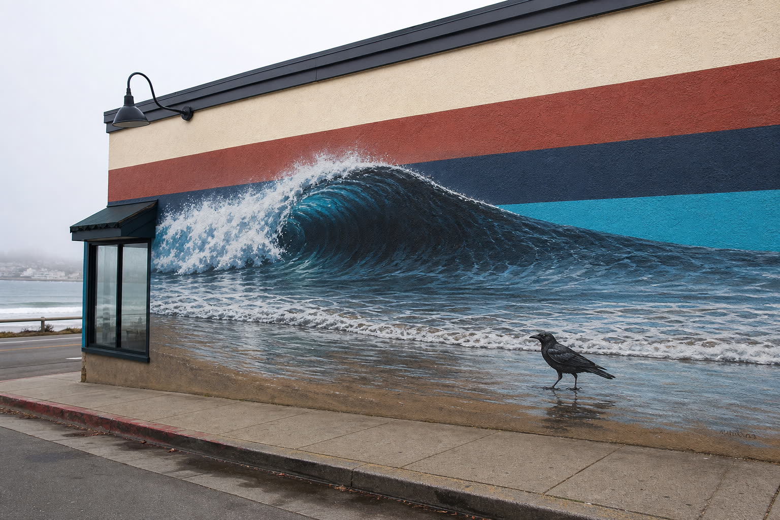 Tide Line mural: a breaking wave and a rook bird on tide-mark bands, spray-painted on coastal stucco